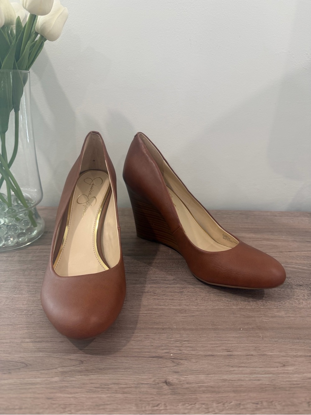 Jessica Simpson Brown Leather Wedge Pumps